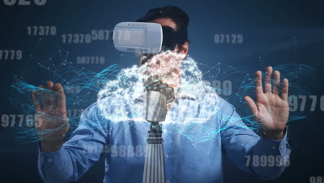 animation of digital cloud, numbers processing over man wearing vr headset in background