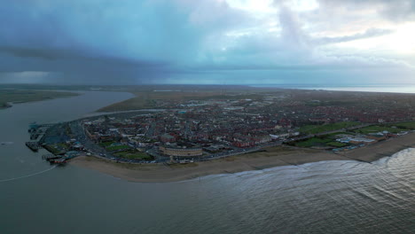 English-fishing-port-peninsula-pan-with-stormy-skies-in-distance-near-Fleetwood-UK