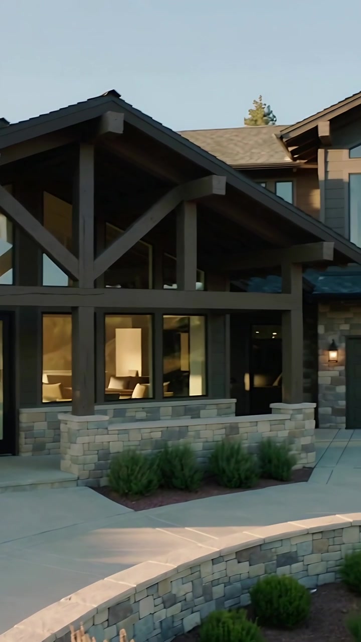 Vertical video: Camera panning right revealing timber house at mountain home to show glass doors