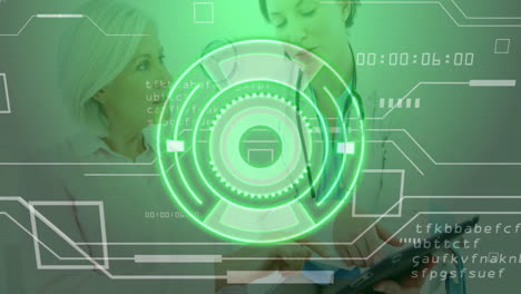woman patient sitting beside doctor pointing tablet in medical clinic, showing green data overlay