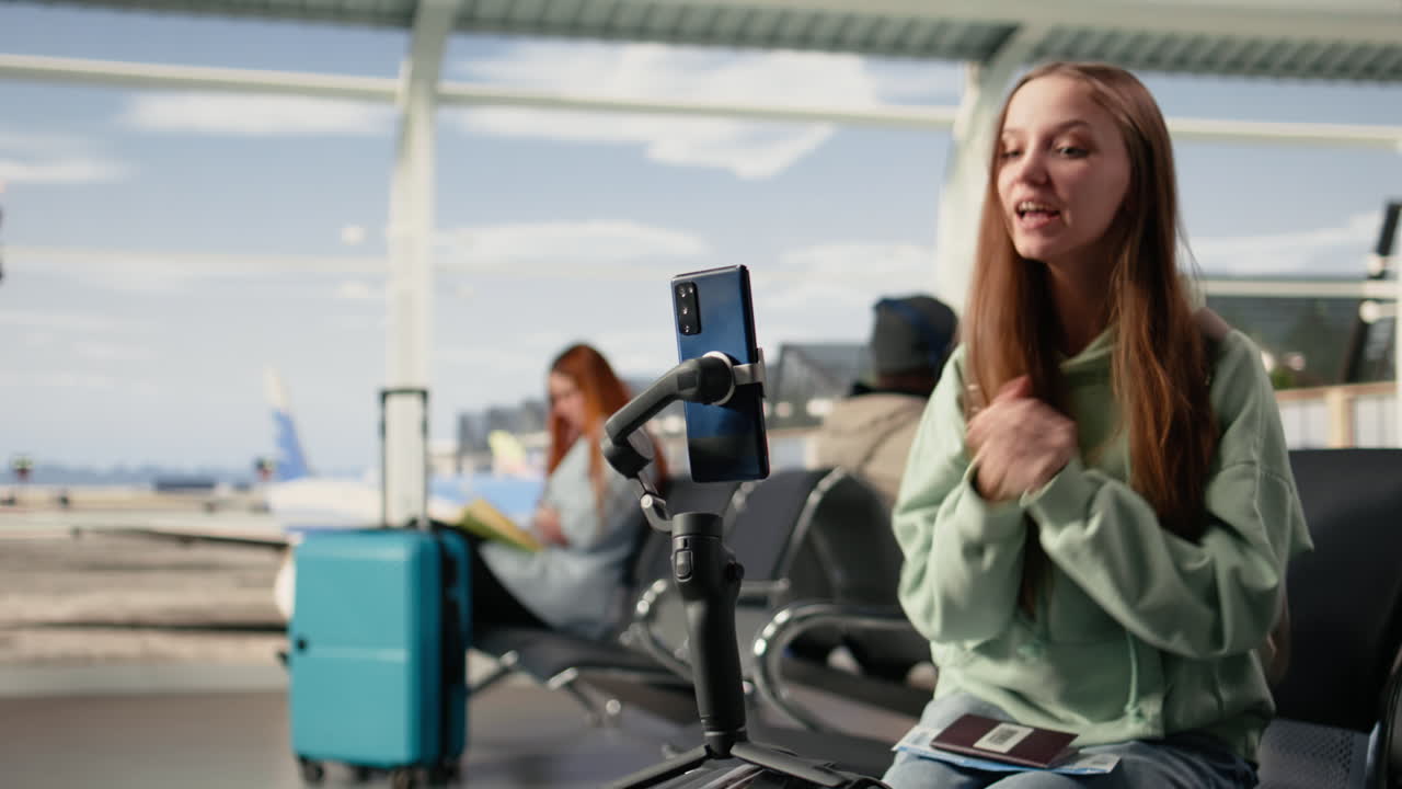 Giovane donna che fa vlogging nella lounge partenze dell'aeroporto con smartphone.