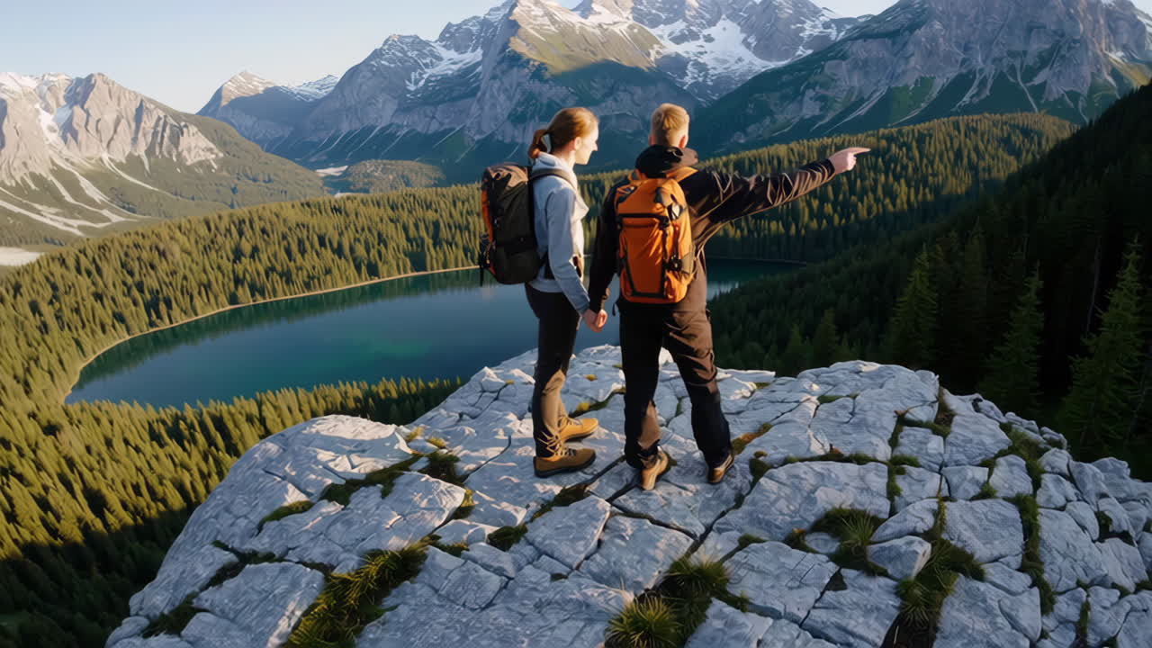 Couple Overlooking Majestic Mountain Lake View