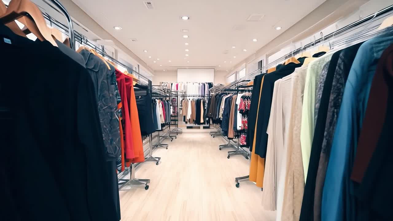 dentro de una tienda de ropa con estantes de ropa en exhibición.