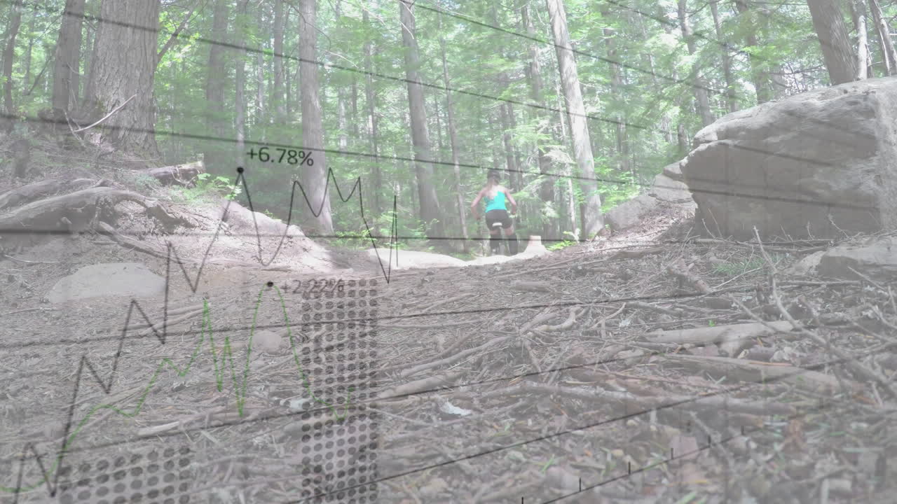 gráfico con animación de puntos de datos sobre una persona que corre por un sendero forestal