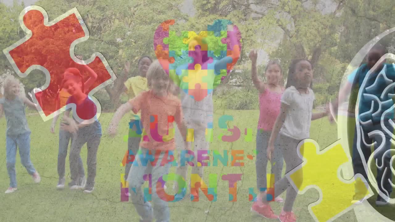 다채로운 퍼즐 조각의 애니메이션과 교사와 함께 학교 아이들의 뇌