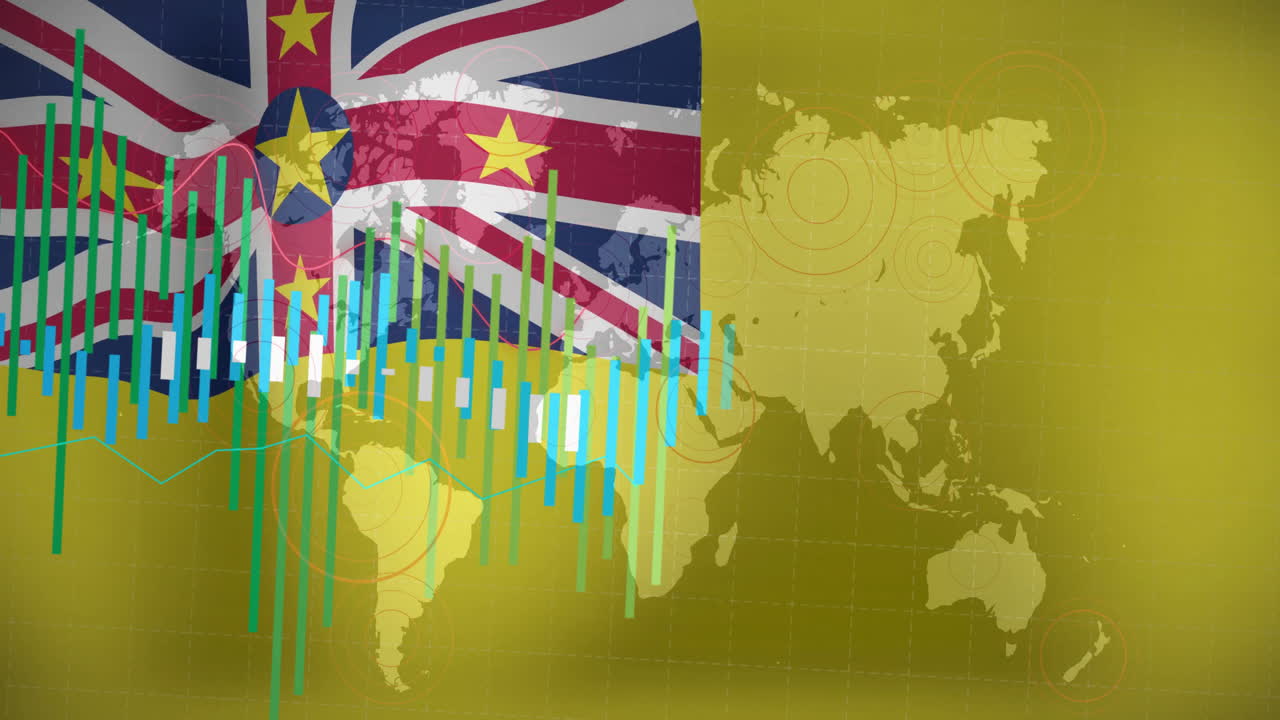 gráficos y gráficos de datos financieros animación sobre mapa del mundo y fondo de bandera
