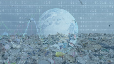 codificación binaria y procesamiento de datos financieros en todo el mundo contra el vertedero con pájaros volando en el cielo