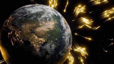 planet earth with visible asia and the middle east at night and glowing golden digital arrows in outer space. 3d render representing global data transmission and digital connection network
