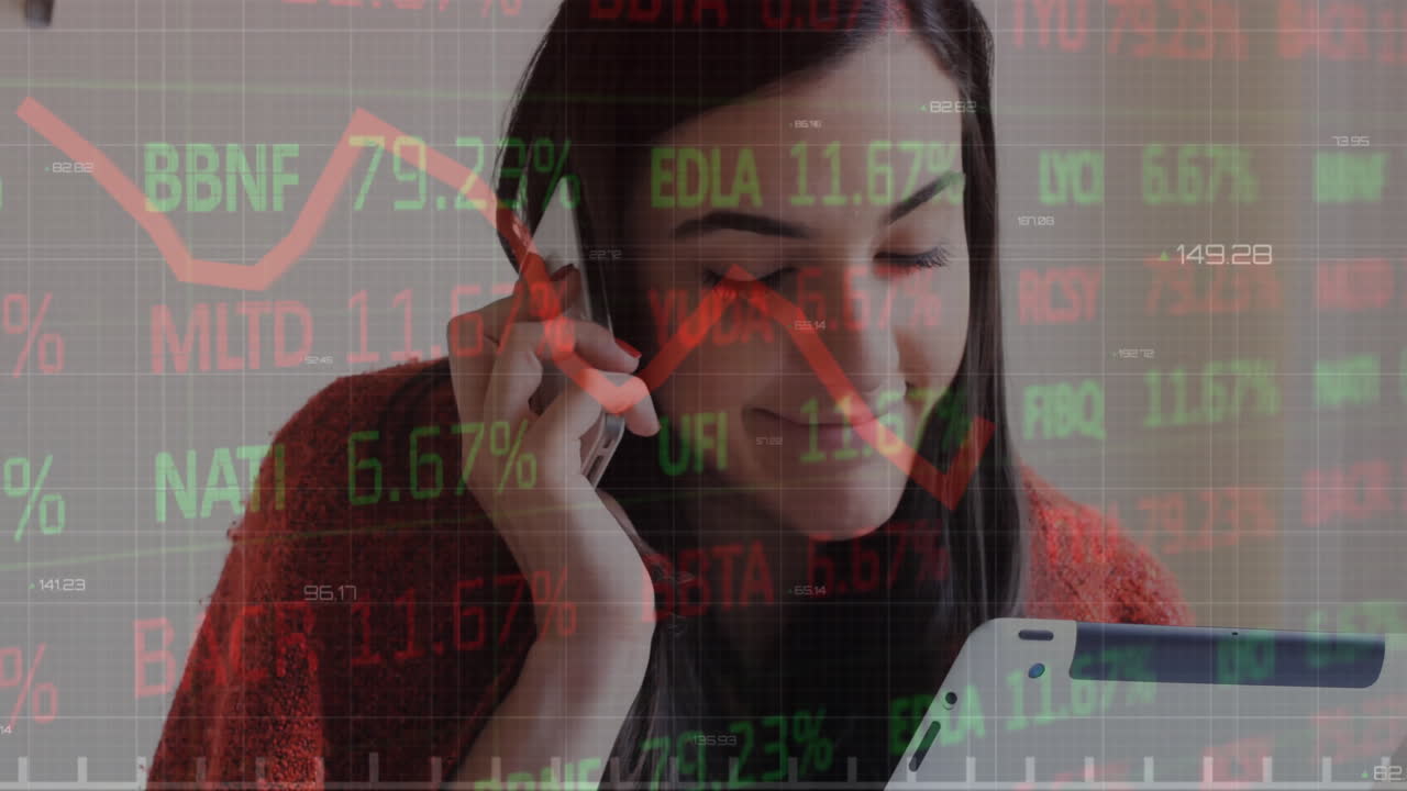 Animation of trading board, caucasian woman looking at digital tablet and talking on cellphone