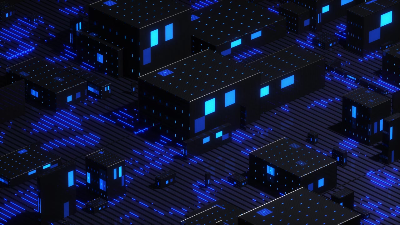 Futuristic Isometric Digital City with Glowing Blue Data Streams