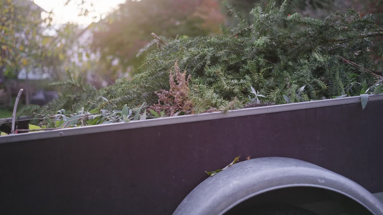 Side view of a trailer in a traditional German garden, slightly elevated, showing tree and shrub cuttings inside and surrounding greenery, perfect for seasonal garden cleanup scenes
