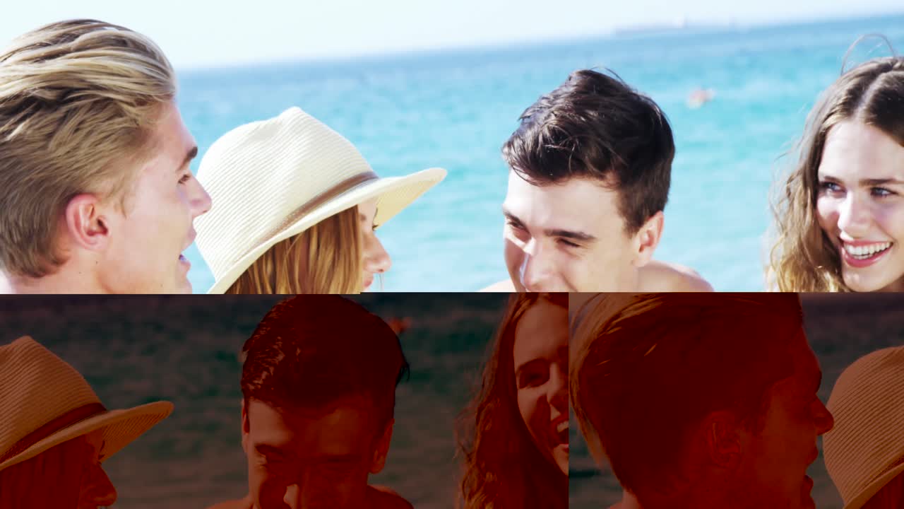 해변에서 즐겁게 지내는 친구들