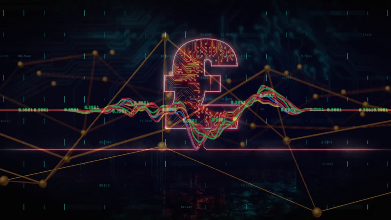 Animation of pound sign and digital data processing over dark background