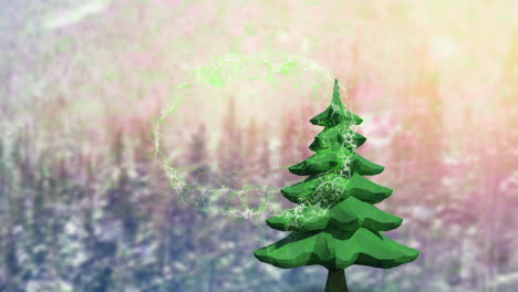 animación de la nieve cayendo sobre el árbol de navidad y decoraciones en el paisaje de invierno.
