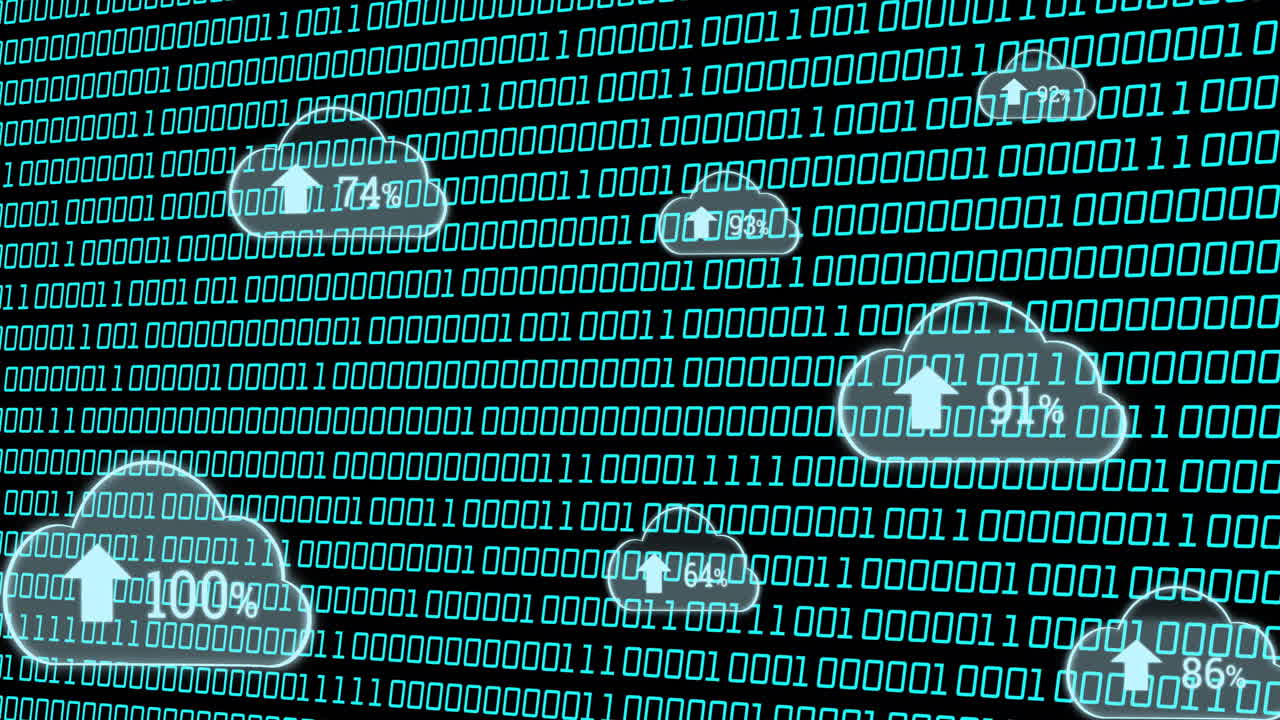 código binario y iconos de nube con símbolos de carga, que representan la computación en la nube