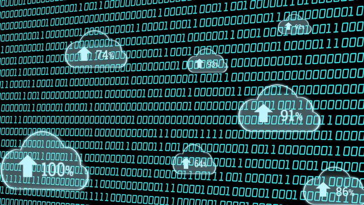 Binary code and cloud icons with upload symbols, representing cloud computing