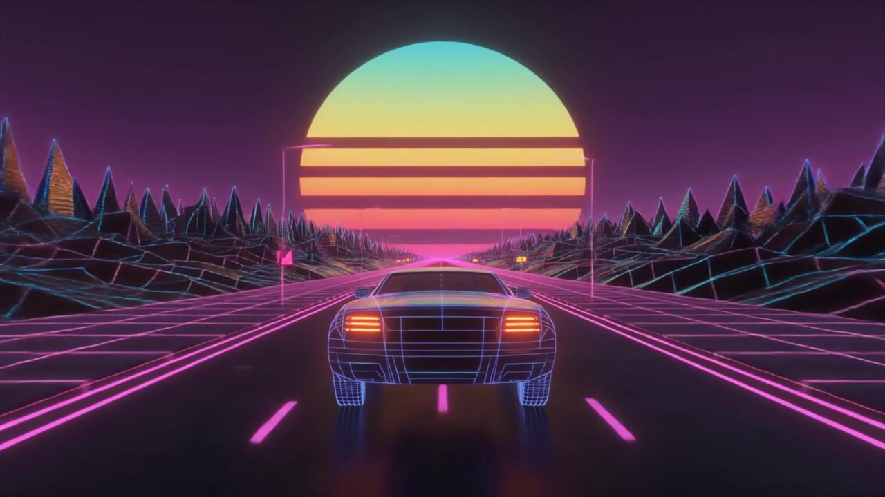 Auto Synthwave Retrò che Guida in un Paesaggio Digitale al Tramonto