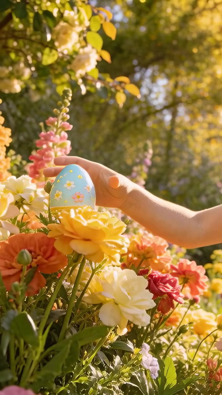 Vídeo vertical: Estendendo a mão direita, menina em vestido sem mangas empurrando ovo pintado para cima entre flores