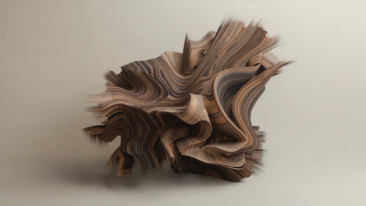 Clockwise rotating sculpture stack loosening layers on studio plinth, revealing wood-grain curls