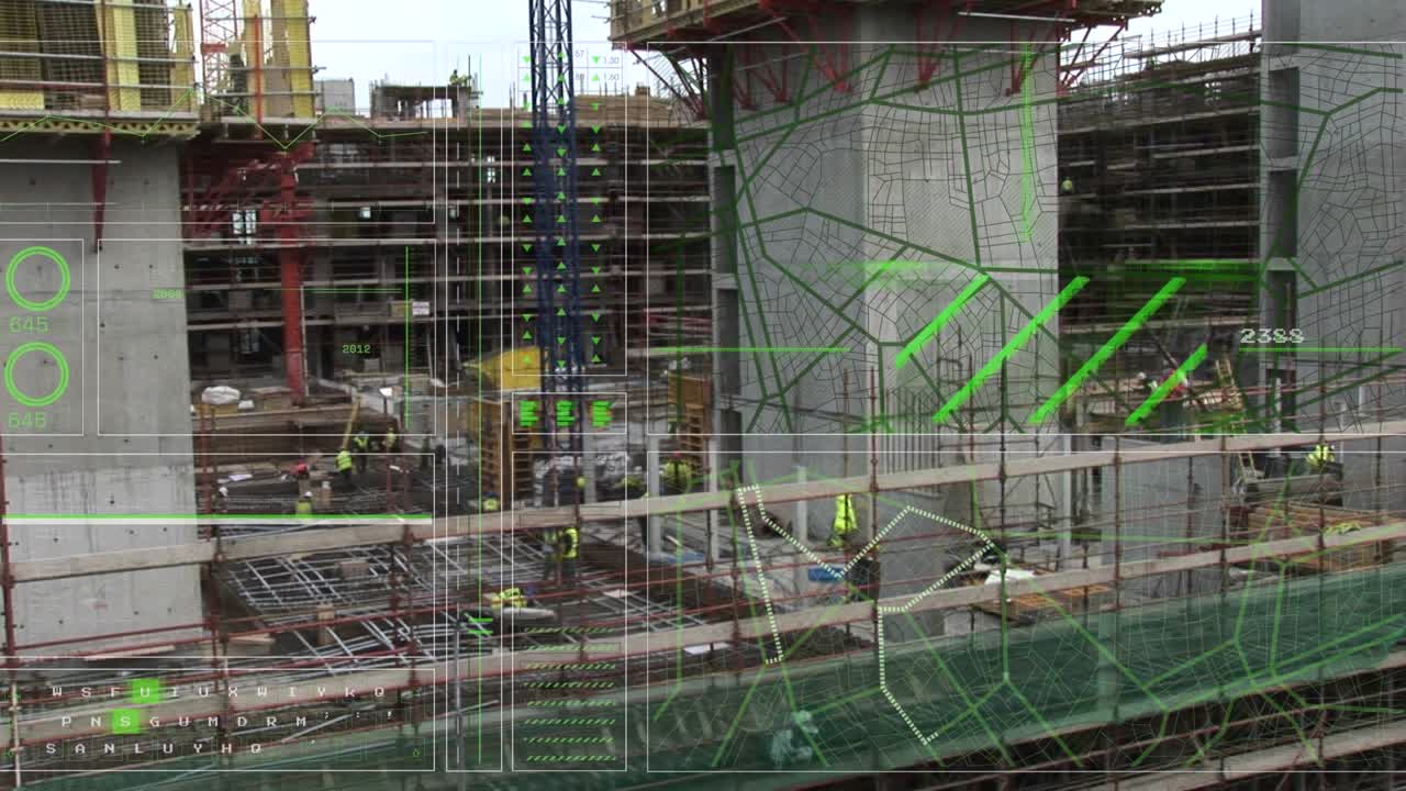 Animation of financial data processing over diverse business people in office