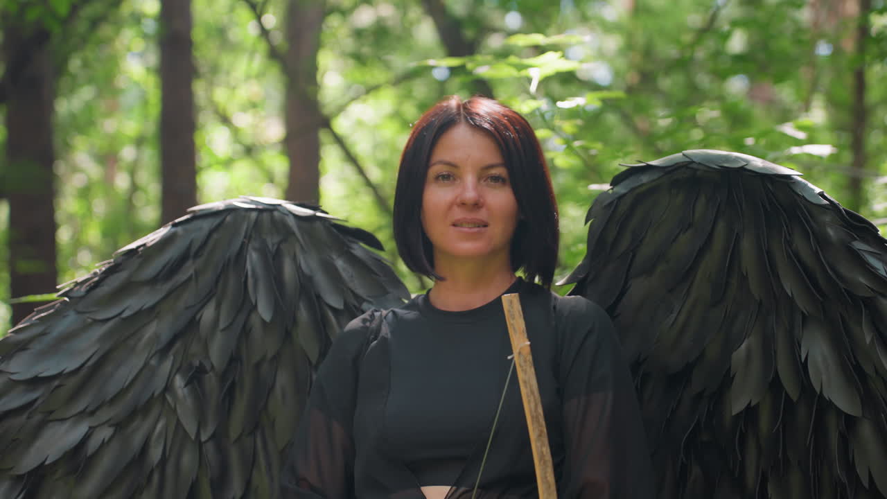 Donna sicura di sé con ali nere che sorride calorosamente in una foresta verde mentre impugna un arco, la luce del sole che si riflette sul suo viso, espressione gentile che unisce forza e serenità, fantasy mistica