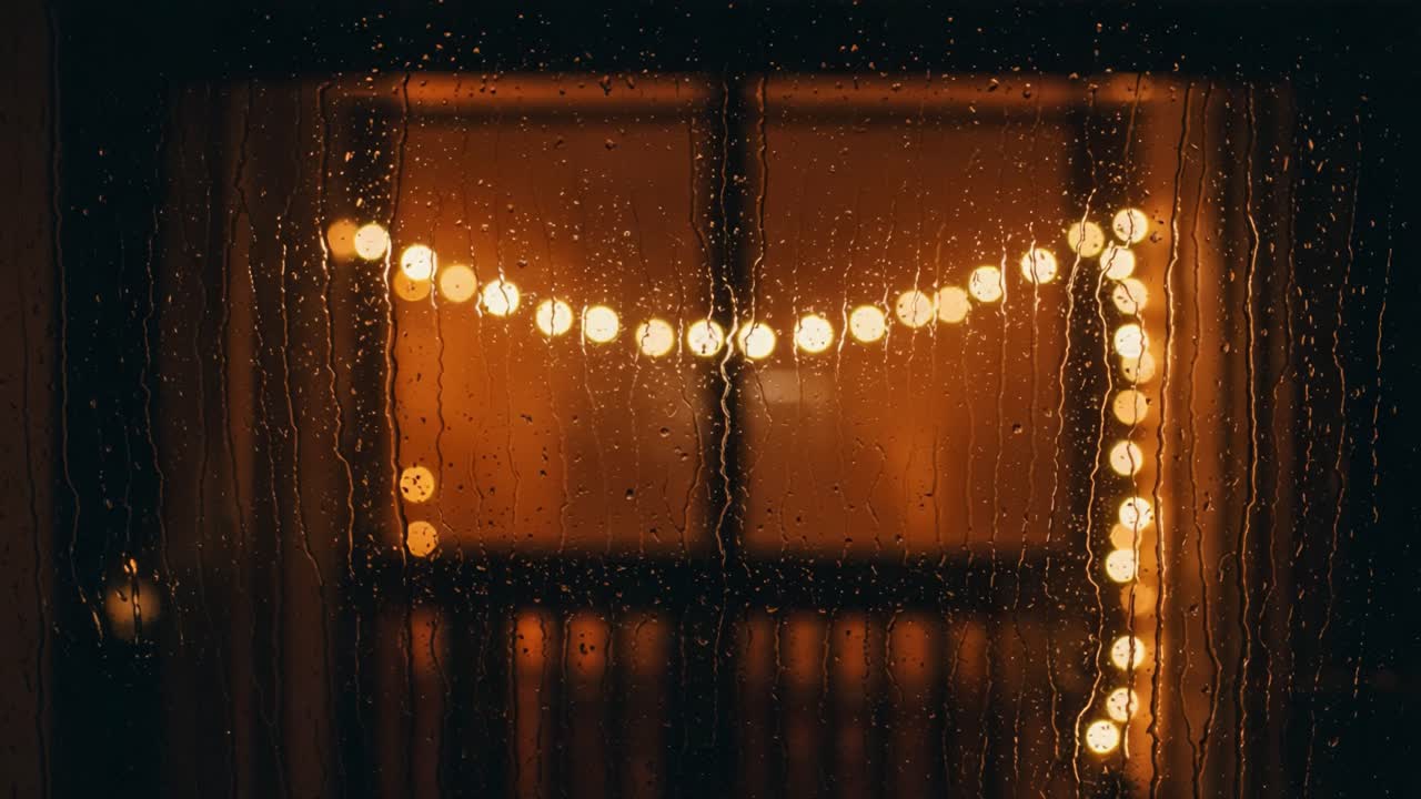 A Cozy Evening View Through a Rain-Drenched Window, Showcasing Soft Glowing Lights and Warm Ambiance, Perfect for Relaxation and Reflection