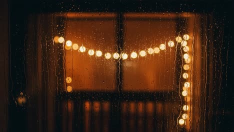 a cozy evening view through a rain-drenched window, showcasing soft glowing lights and warm ambiance, perfect for relaxation and reflection
