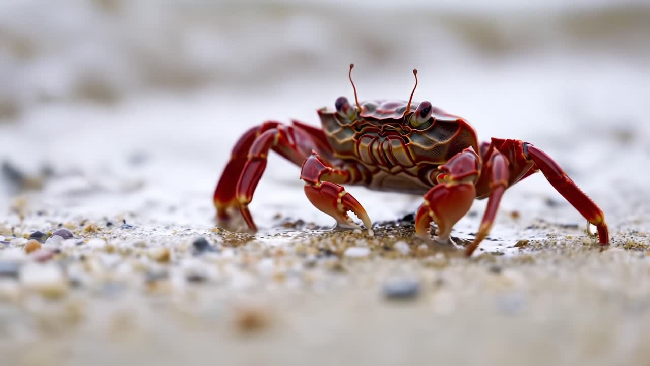 A Vibrant Red Crab Exploring the Shoreline, Braving the Elements with Its Distinctive Claws and Unique Patterns, Showcasing Nature's Beauty in Detail