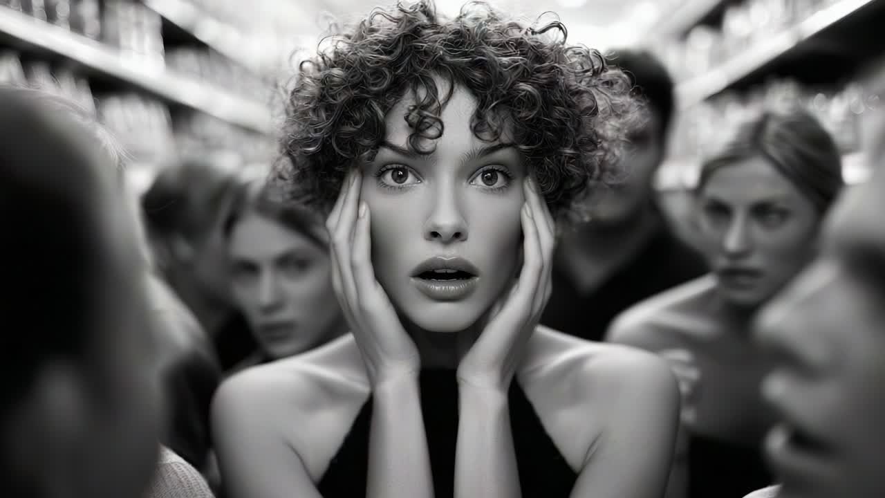 A woman with curly hair looks anxious as she stands surrounded by blurred faces in a crowded store, capturing a moment of overwhelming emotion and heightened intensity, evoking a sense of urgency