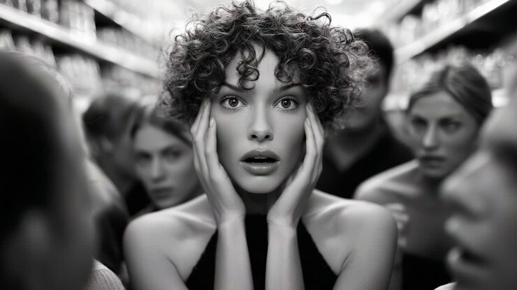 Una donna con i capelli ricci sembra ansiosa mentre si trova circondata da volti sfocati in un negozio affollato, catturando un momento di emozione travolgente e maggiore intensità, evocando un senso di urgenza