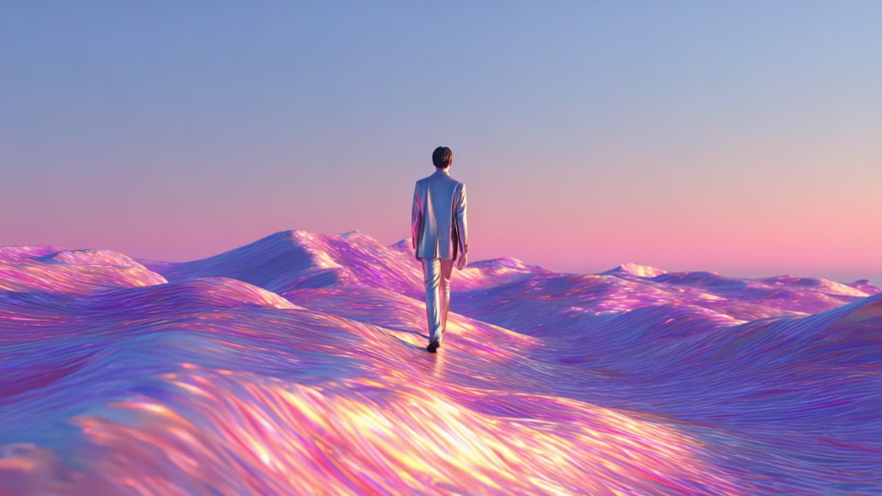 Man in Suit Walking on a Dreamlike Ocean