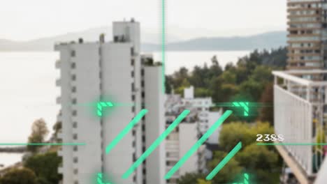 animación de líneas en el visor, cambiando números sobre edificios modernos contra el mar y las montañas