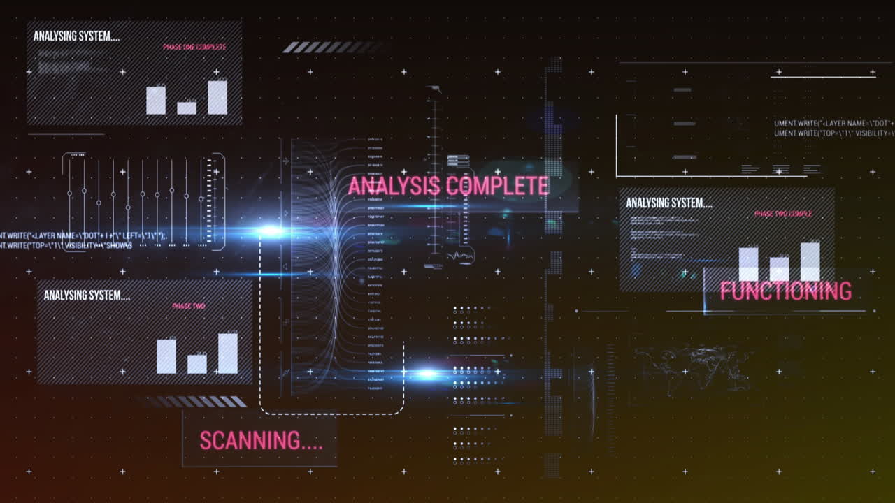 Animation of interface with data processing and blue light spots against black background