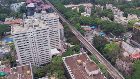 viewpoint of an office building from above featuring a terrace and a metro train track