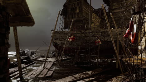 old fishing village docks at twilight with weathered boats and nets