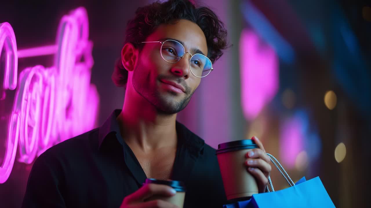 A stylish young man with glasses holds two coffee cups and a shopping bag in front of a vibrant neon-lit café, showcasing a blend of modern consumer culture and trendy aesthetics under colorful lighting