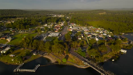 left to right sunrise, aerial views in the regional town of karuah, new south wales, australia.