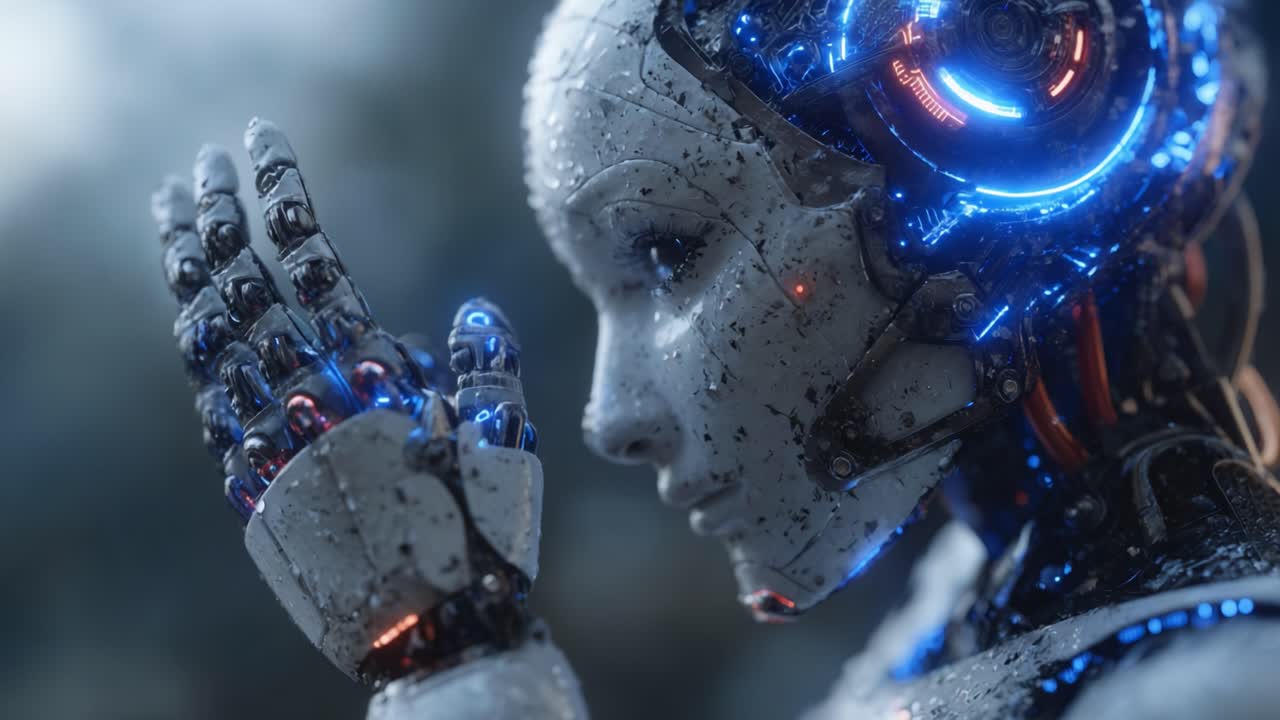 Karmaşık Devreleri ve Yumuşak Hatlarıyla Fütüristik Bir Robot: Dijital Bir Dünyada Teknoloji ve İnsan Benzeri İfadelerin Harmanını Keşfetmek.