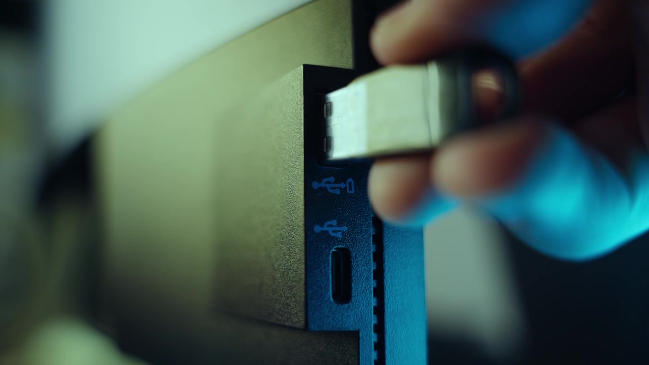 Close up on hand plugging usb drive into computer at night in office or house. Suspicious cyber activity. Digital crime. Spy or hacker stealing private data or hacking into system. Security breach