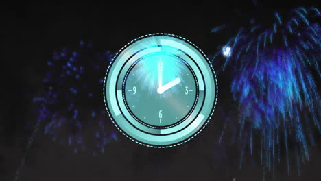 reloj animado sobre exhibición de fuegos artificiales azules