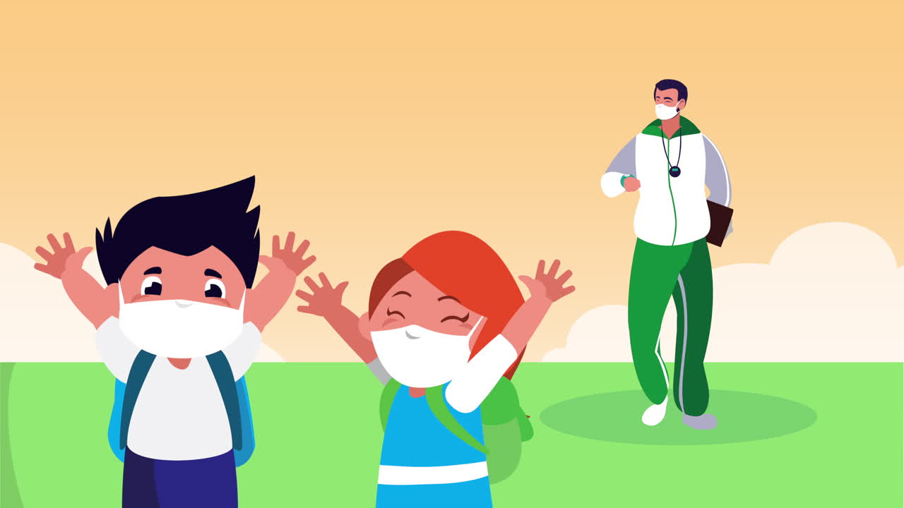 코로나19를 예방하기 위해 의료 마스크를 착용한 남자 스포츠 교사와 학생