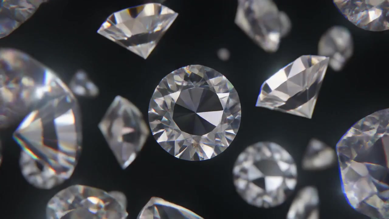 Diamantes flotantes girando sobre un fondo oscuro