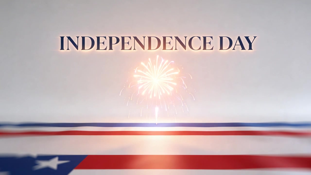 Animazione del titolo INDEPENDENCE DAY con fuochi d'artificio luminosi in studio per celebrare, con una bandiera che emerge.