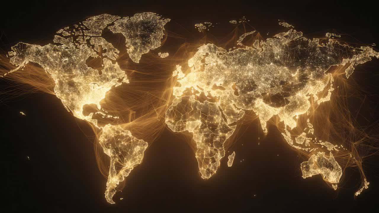 Glowing world map with illuminated continents and bright data and flight lines linking cities, symbolizing global networks, technology, communication, commerce and travel