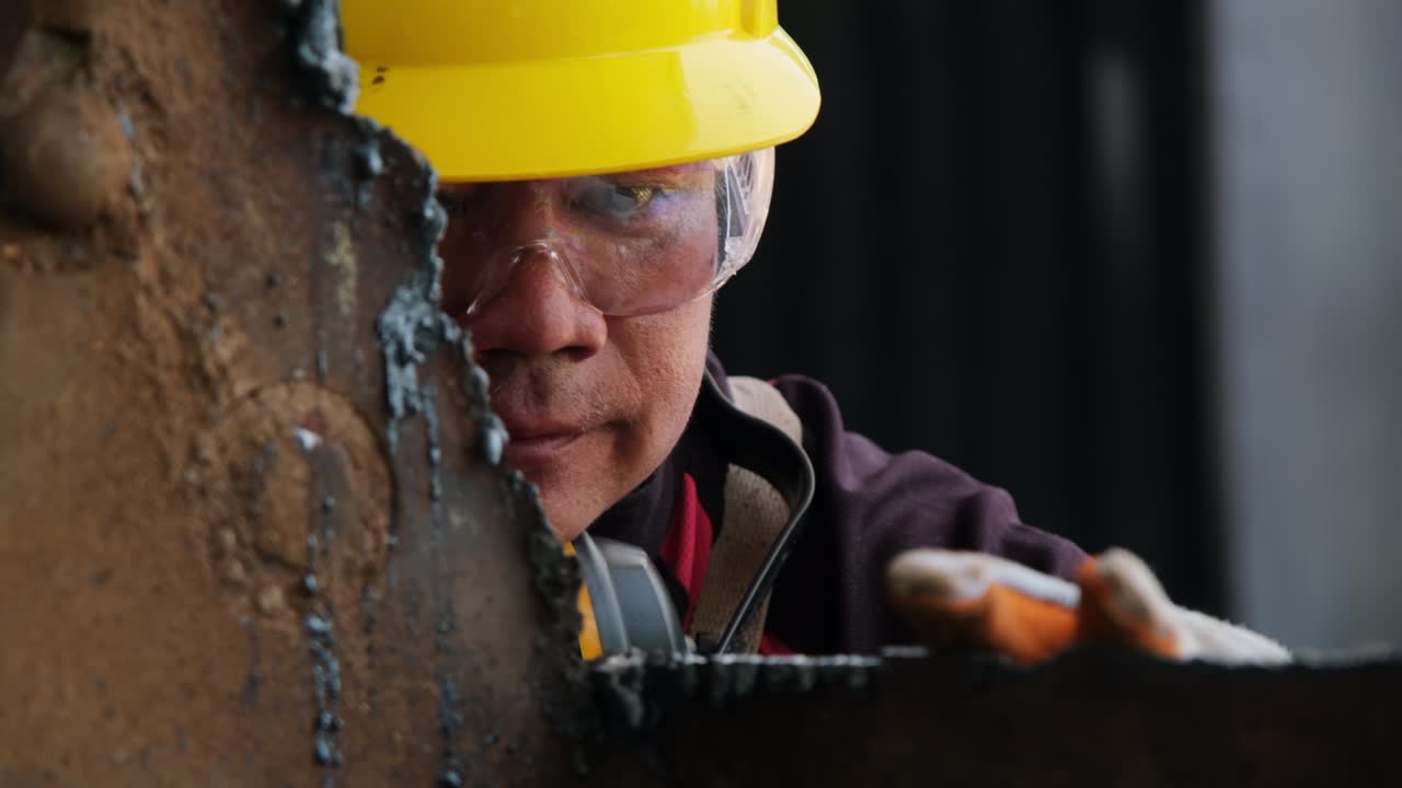 Male worker wearing goggles and construction gloves inspects the work after grinding metal with an angle grinder in home workshop.