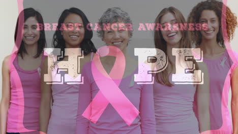 animation of breast cancer awareness text over group of smiling women