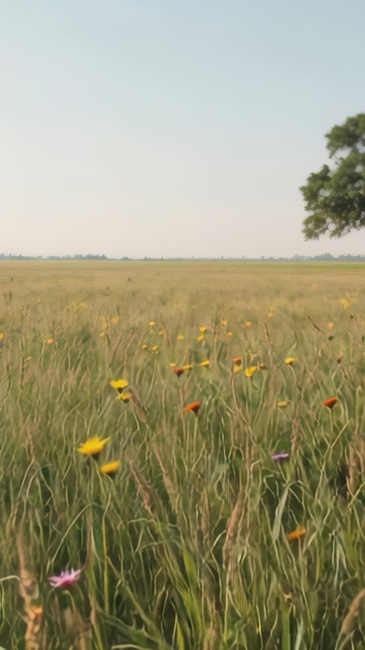 Vertical video: Gentle breeze initiating daisies and poppies swaying across meadow, with lone tree