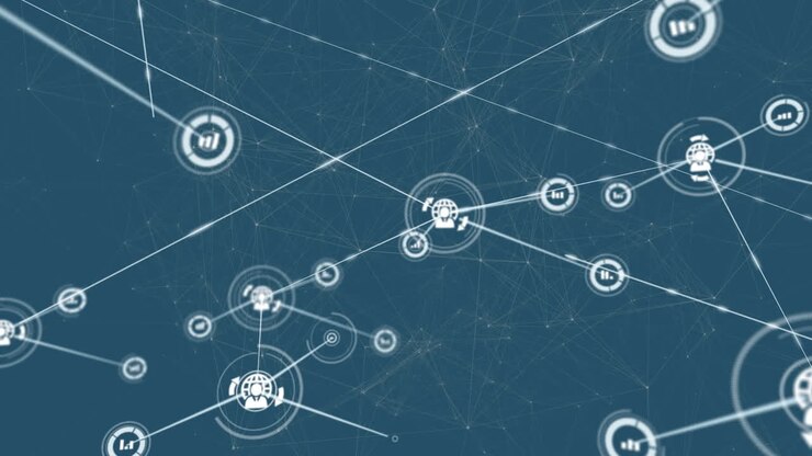 Animazione che mostra le connessioni tra persone e dispositivi su sfondo blu