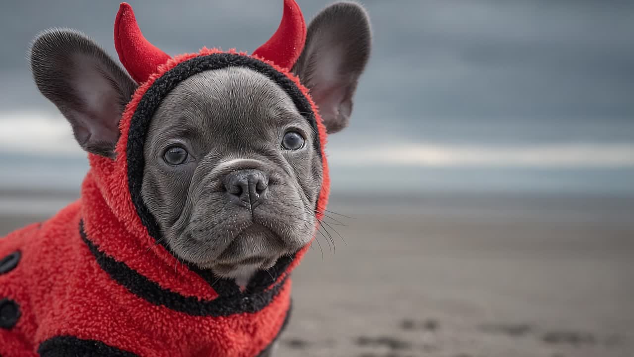 Adorabile bulldog francese vestito con un costume da diavolo sulla spiaggia, che mostra un'espressione accattivante e giocosa su uno sfondo costiero panoramico