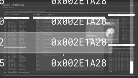 animation of financial data processing over screens on black background